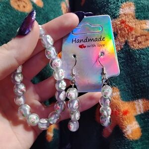 Handmade vintage floral purple and white two piece earring and bracelet set